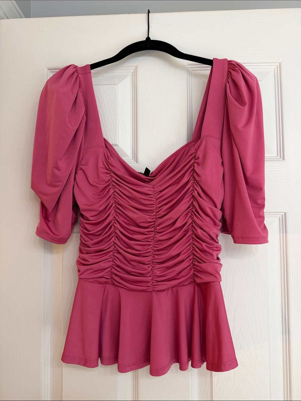 Express Hot Pink Ruched Peplum Puff Sleeve Top